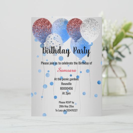 RODE WITTE EN BLAUWE BIRTHDAY BALLOON SILVER SPOT KAART (Staand voorkant)