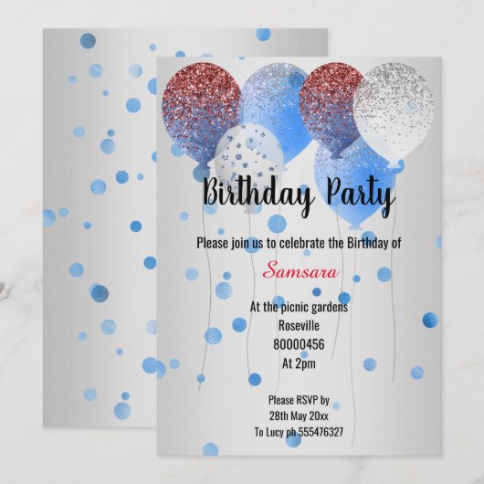 RODE WITTE EN BLAUWE BIRTHDAY BALLOON SILVER SPOT KAART (Voorkant / Achterkant)