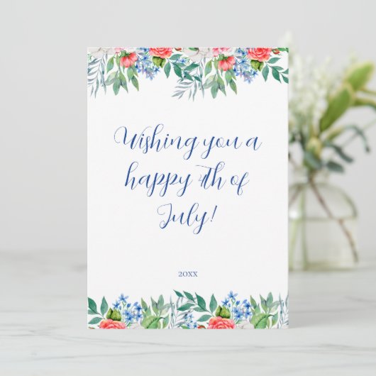 Rode witte en blauwe bloemen 4 juli patriottisch feestdagenkaart (Staand voorkant)