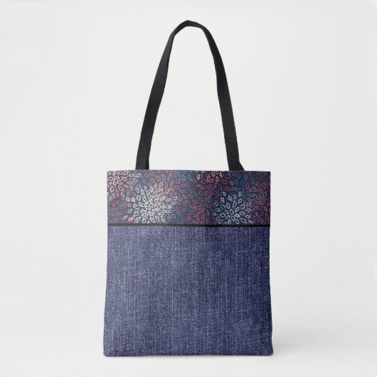Rode, witte en blauwe bloemen en denim tote bag (Voorkant)