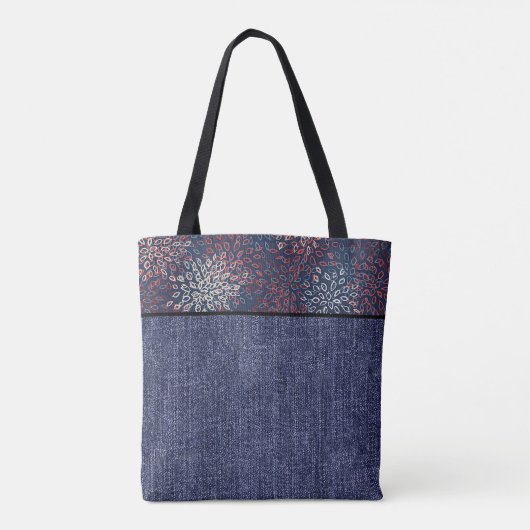 Rode, witte en blauwe bloemen en denim tote bag (Achterkant)
