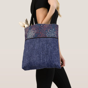 Rode, witte en blauwe bloemen en denim tote bag