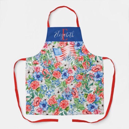 Rode Witte En Blauwe Bloemen Monogram 4 Juli Schort (Voorkant)
