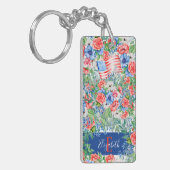 Rode Witte En Blauwe Bloemen Monogram 4 Juli Sleutelhanger (Voorkant Links)