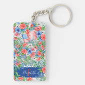 Rode Witte En Blauwe Bloemen Monogram 4 Juli Sleutelhanger (achterkant)