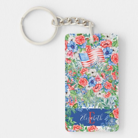Rode Witte En Blauwe Bloemen Monogram 4 Juli Sleutelhanger (Voorkant)