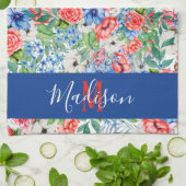 Rode Witte En Blauwe Bloemen Monogram 4 Juli Theedoek (Gevouwen)