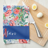 Rode Witte En Blauwe Bloemen Monogram 4 Juli Theedoek (Quarter Fold)