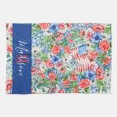 Rode Witte En Blauwe Bloemen Monogram 4 Juli Theedoek (Horizontaal)