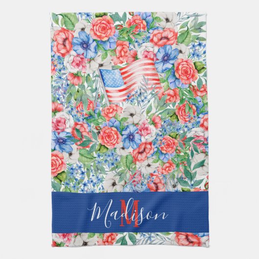 Rode Witte En Blauwe Bloemen Monogram 4 Juli Theedoek (Verticaal)