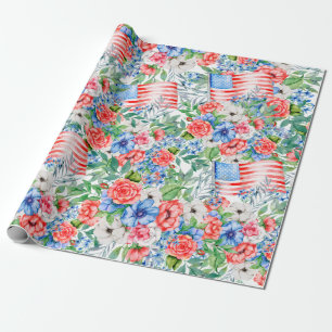 Rode Witte En Blauwe Bloemen  Patriotisch 4 Juli Cadeaupapier