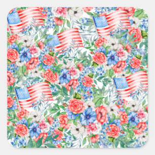 Rode Witte En Blauwe Bloemen  Patriotisch 4 Juli Vierkante Sticker
