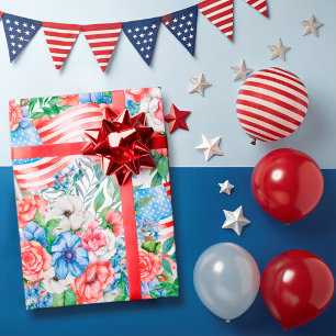 Rode Witte En Blauwe Bloemen Patriottisch 4 Juli Cadeaupapier