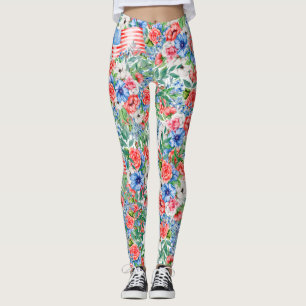 Rode Witte En Blauwe Bloemen Patriottische 4e Juli Leggings