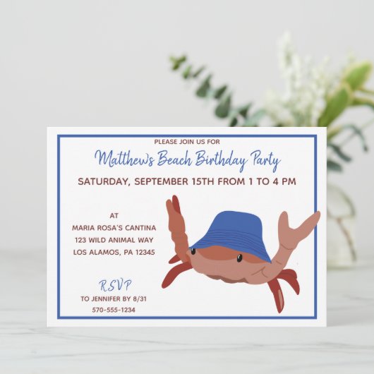 Rode, witte en blauwe Cartoon Crab Beach Party Kaart (Staand voorkant)