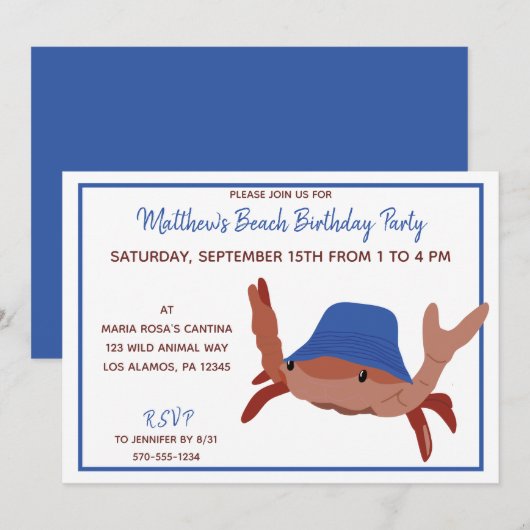 Rode, witte en blauwe Cartoon Crab Beach Party Kaart (Voorkant / Achterkant)