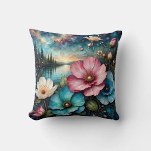 Rode witte en blauwe Cosmos bloemen, Landschap  Kussen