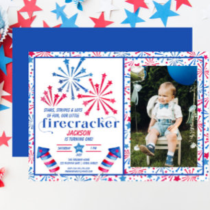 Rode Witte en Blauwe Kleine Firecracker Foto Birth Kaart