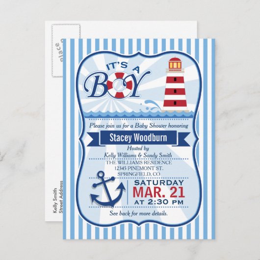 Rode, witte en blauwe nautische vuurtoren Baby sho Uitnodiging Briefkaart (Voorkant / Achterkant)