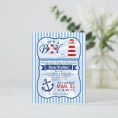 Rode, witte en blauwe nautische vuurtoren Baby sho Uitnodiging Briefkaart (Staand voorkant)