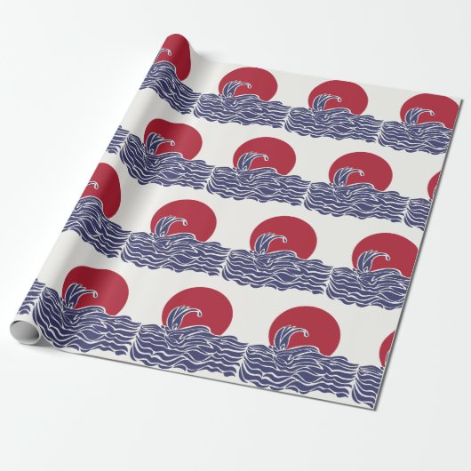 Rode, witte en blauwe oceaan zonsondergang & golve cadeaupapier (Uitgerold)