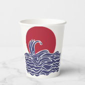 Rode, witte en blauwe oceaan zonsondergang & golve papieren bekers (Achterkant)