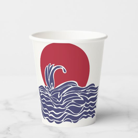 Rode, witte en blauwe oceaan zonsondergang & golve papieren bekers (Voorkant)