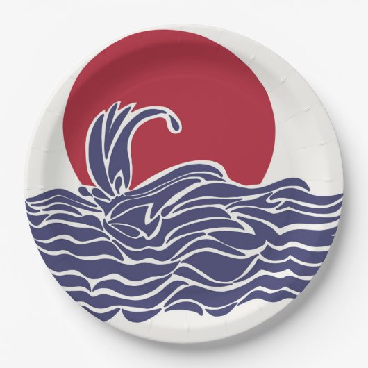Rode, witte en blauwe oceaan zonsondergang & golve papieren bordje (Voorkant)