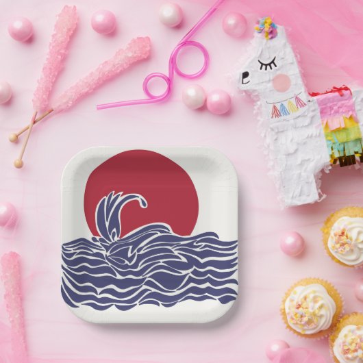 Rode, witte en blauwe oceaan zonsondergang & golve papieren bordje (Feest)