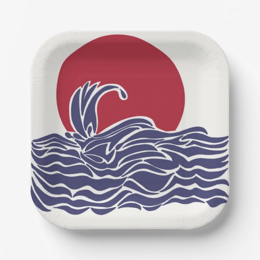 Rode, witte en blauwe oceaan zonsondergang & golve papieren bordje (Voorkant)
