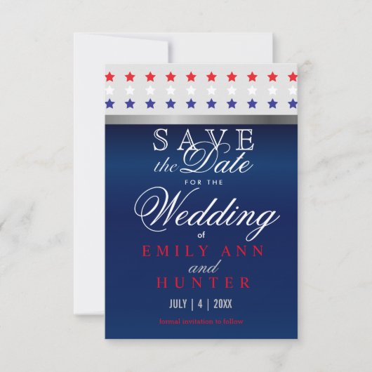 Rode, witte en blauwe patriottische sterren save the date (Voorkant)