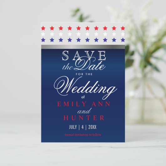 Rode, witte en blauwe patriottische sterren save the date (Staand voorkant)