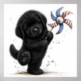 Rode witte en blauwe puppy windmolen poster