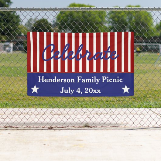 Rode witte en blauwe sterren en strips op maat spandoek (Insitu)