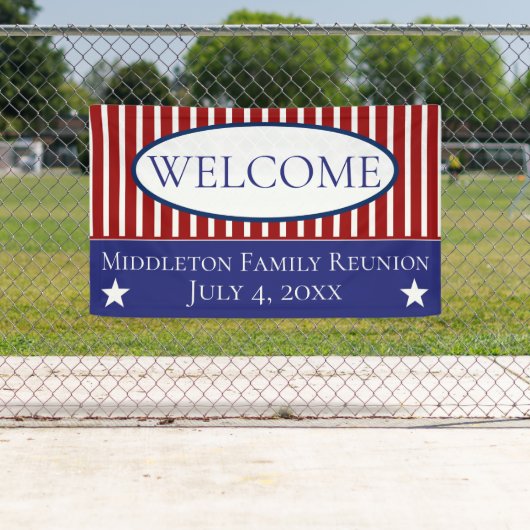 Rode witte en blauwe sterren en strips op maat spandoek (Insitu)