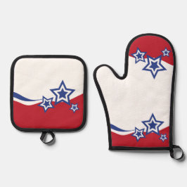 Rode, witte en blauwe sterren ovenwant & pannenlap set