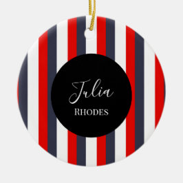 Rode, witte en blauwe strepen aangepaste naam keramisch ornament