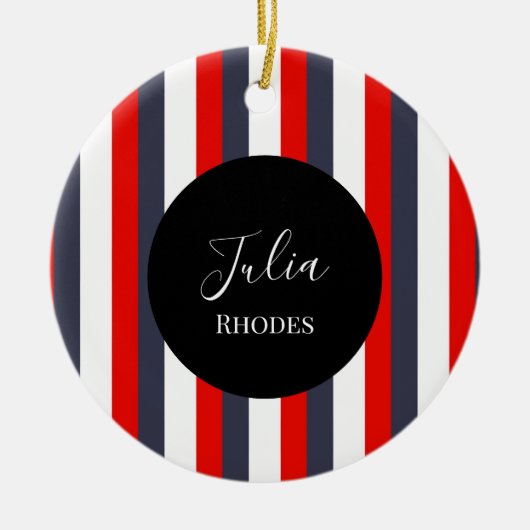 Rode, witte en blauwe strepen aangepaste naam keramisch ornament (Voorkant)