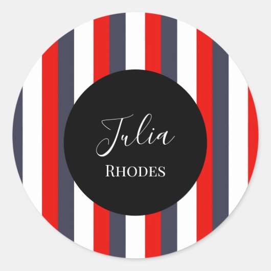 Rode, witte en blauwe strepen aangepaste naam ronde sticker (Voorkant)