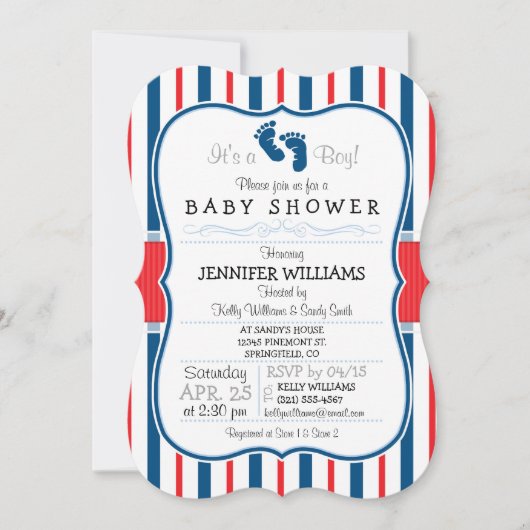 Rode, witte en blauwe strepen Baby shower Kaart (Voorkant)