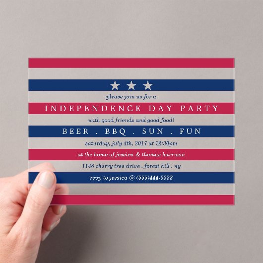 Rode, witte en blauwe strepen op 4 juli acryl uitnodigingen (Insitu (Draagbaar))