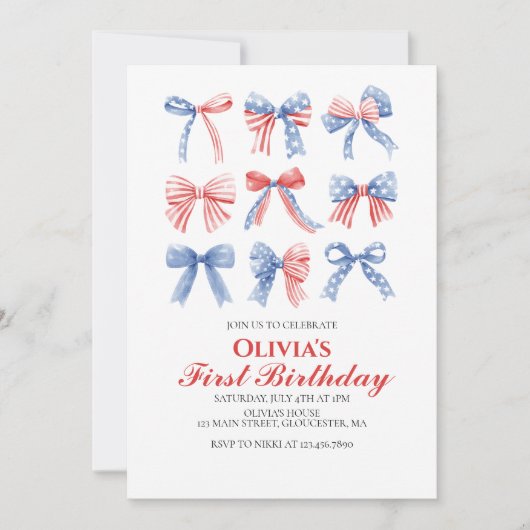 Rode, witte en blauwe strikken vierde van juli ver kaart (Voorkant)