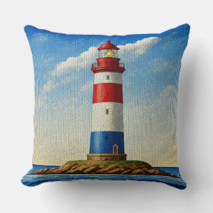 Rode, witte en blauwe vuurtoren mozaïek patroon kussen