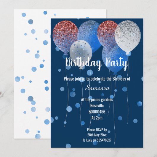 RODE WITTE EN BLUE BIRTHDAY BALLOON NAVY SPOT KAART (Voorkant / Achterkant)