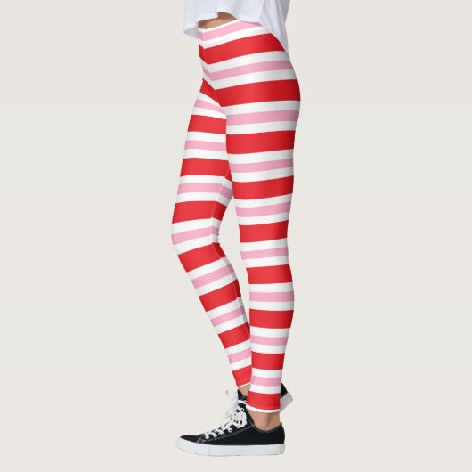 Rode, witte en roze dik en dunne strepen leggings (Links)