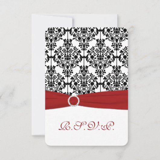 Rode, Witte en Zwarte Damast Antwoordkaart 2 RSVP Kaartje (Voorkant)