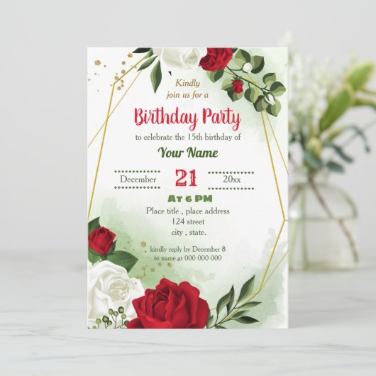 rode witte florale groen geometrische verjaardagsf kaart (Staand voorkant)