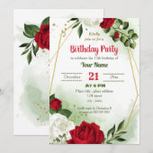rode witte florale groen geometrische verjaardagsf kaart (Voorkant / Achterkant)