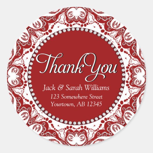 Rode & Witte Fractal Kant Bedankt Ronde Sticker (Voorkant)
