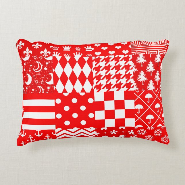 Rode Witte Gemengde Patchwork Patchwork Ontwerp Accent Kussen (Voorkant)